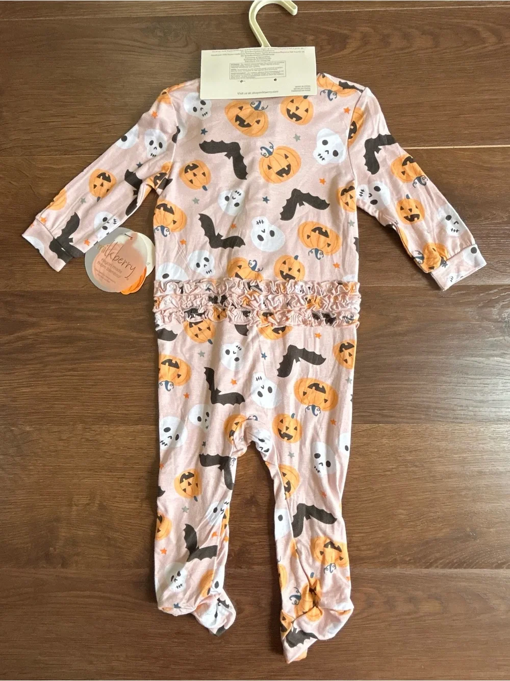 Milkberry Halloween Ruffle Bamboo Footie & Bow Set 6-9m Pumpkin Skull Bat